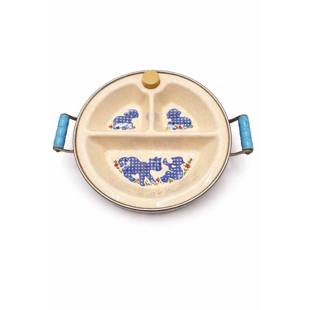 Vintage Ekco Divided Baby Dish Blue Lamb Nursery Plate‎ USA Mid Century